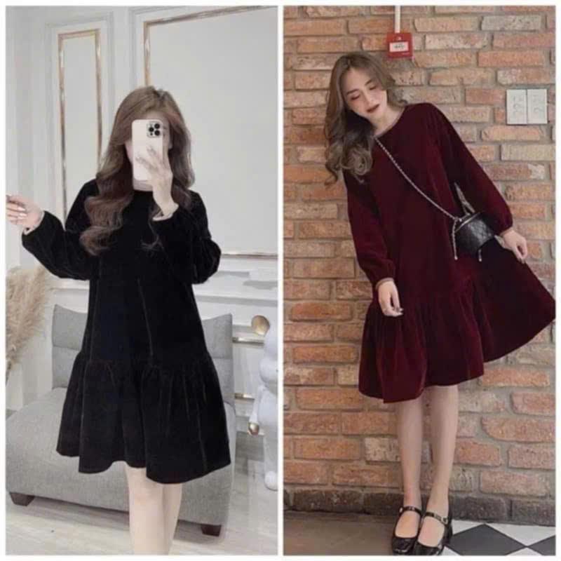 Đầm bầu Váy Bầu Nhung babydoll cho mẹ diện Noel Tết dự tiệc đám cưới đi chơi siêu sang