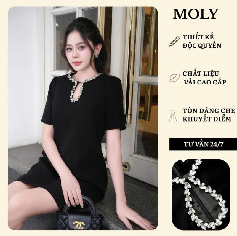 Đầm Bigsize EMY - MOLY Vải Chéo Hàn, thiết kế tay bồng, đính đá thủ công, che khuyết điểm, tôn dáng.