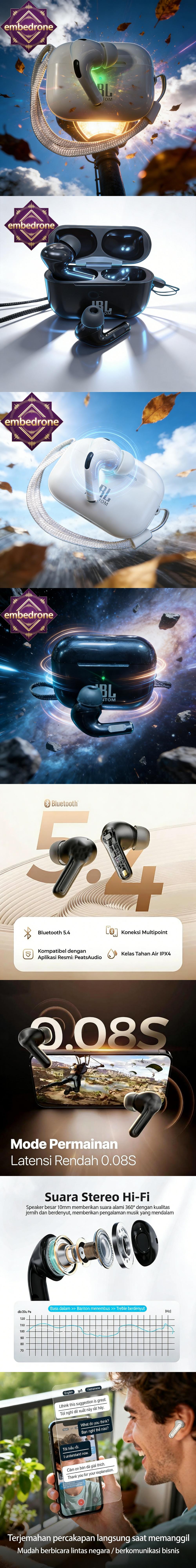 Teknologi Peredam Bising AI, embedrone 2026 NEW PHANTOM Earphone Nirkabel TWS, Baterai Awet Android Earpods, Bluetooth 5.4, Desain Ringan, Anti Air Olahraga