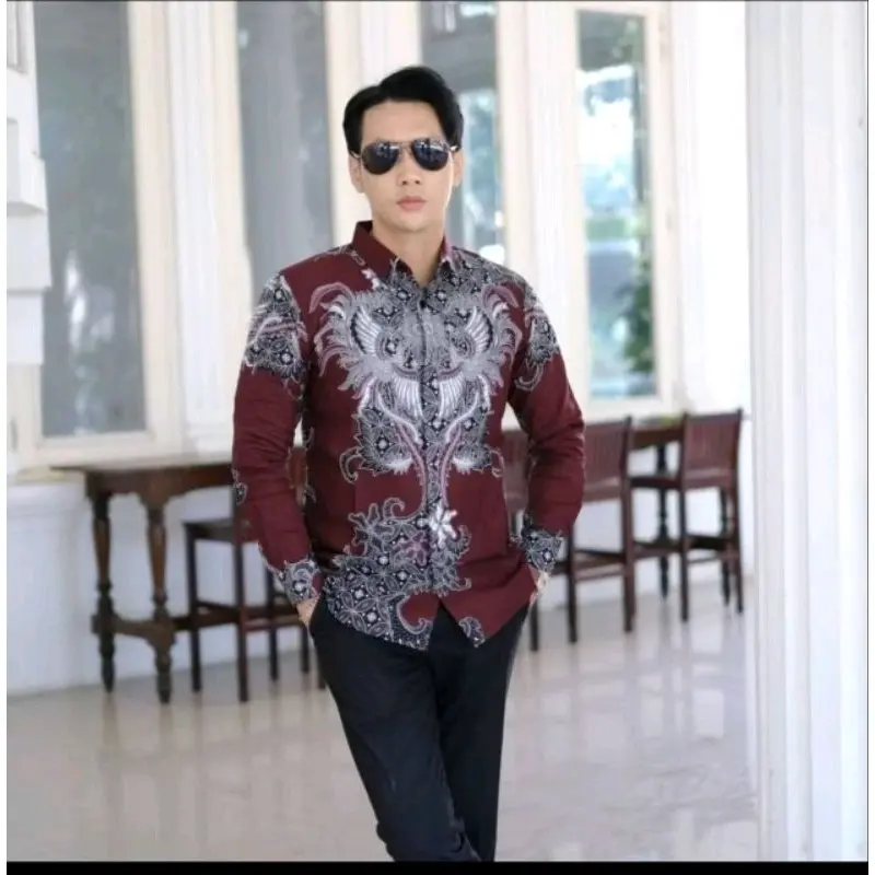 Batik pria dewasa - kemeja warna burgundy -atasan motif tulis burgundi casual panjang pendek Baju Katun Lembut Nyaman Keren Merah Kain 2