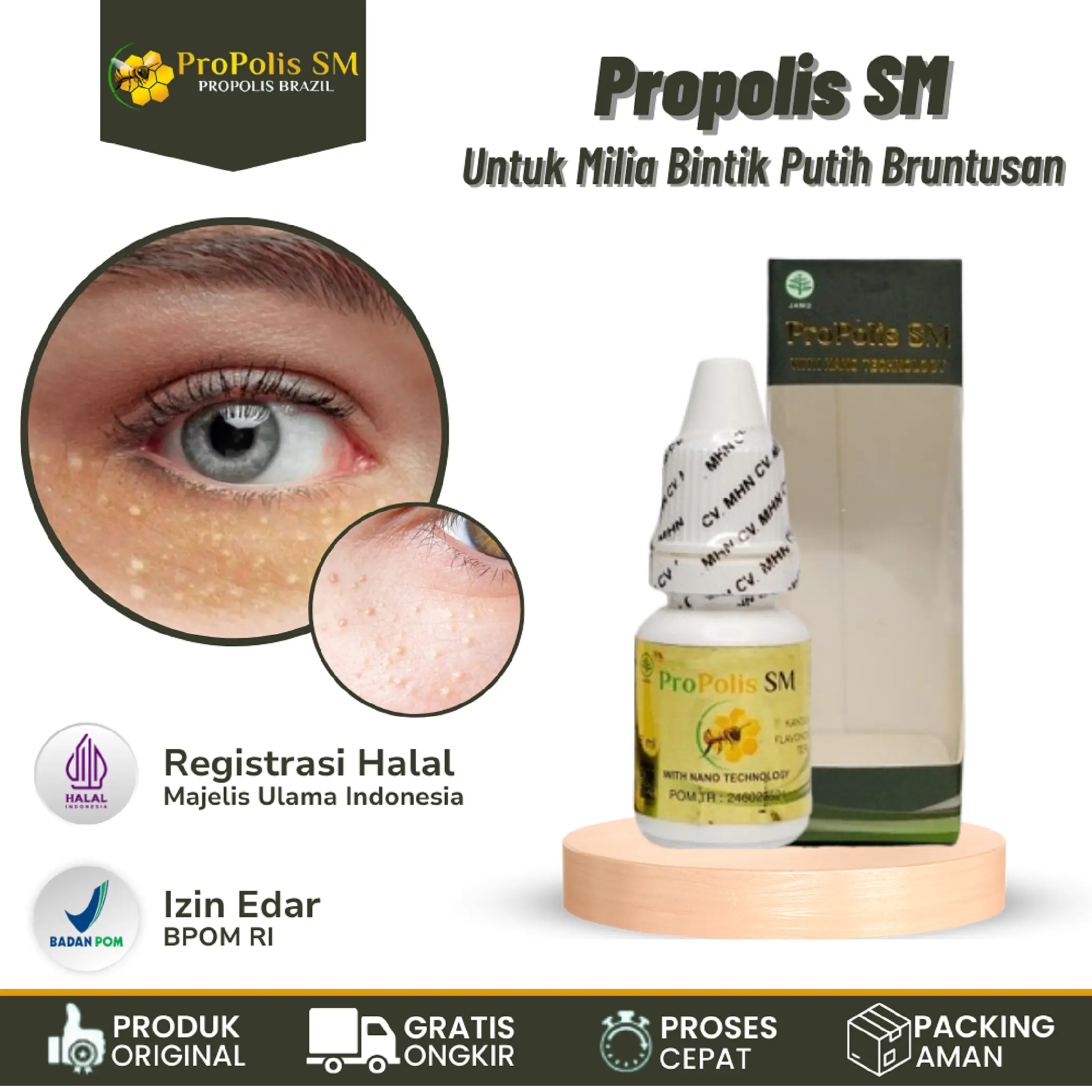 Cairan Penghilang Milia Bintik Putih Benjolan Kecil Jerawat Putih Bruntusan di Wajah Propolis SM serum beruntusan Hitam