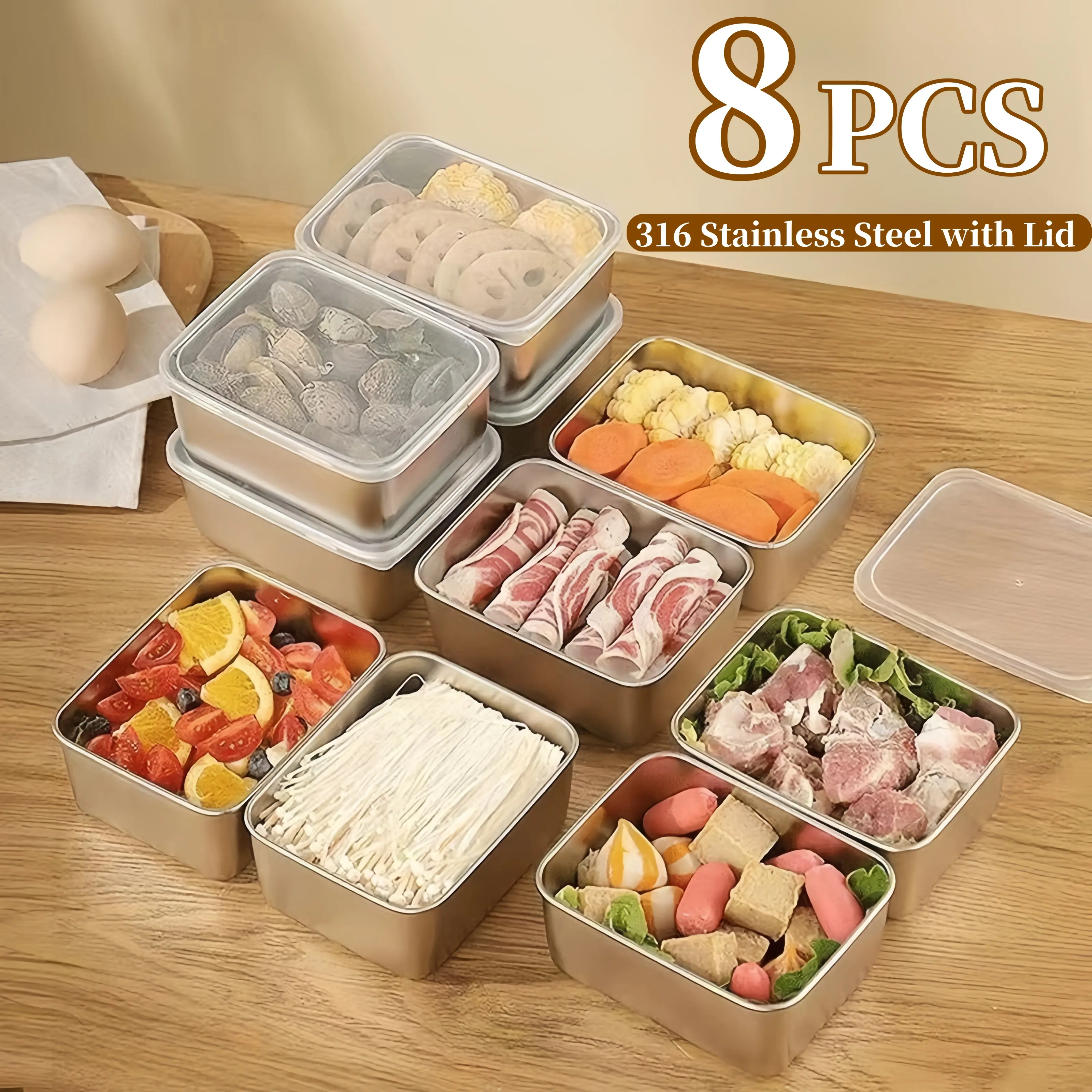 8PCS Stainless Steel Crisper with Lid - Sealed Frozen Food Container for Kitchen Utensils Transparent Meat food  container