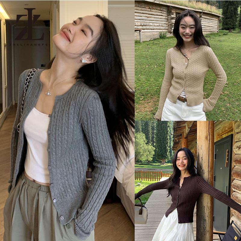 Chất Lượng Cao Áo cardigan dệt kim xoắn màu xám tay áo dài sửa thân cho thấy áo khoác ngắn mỏng