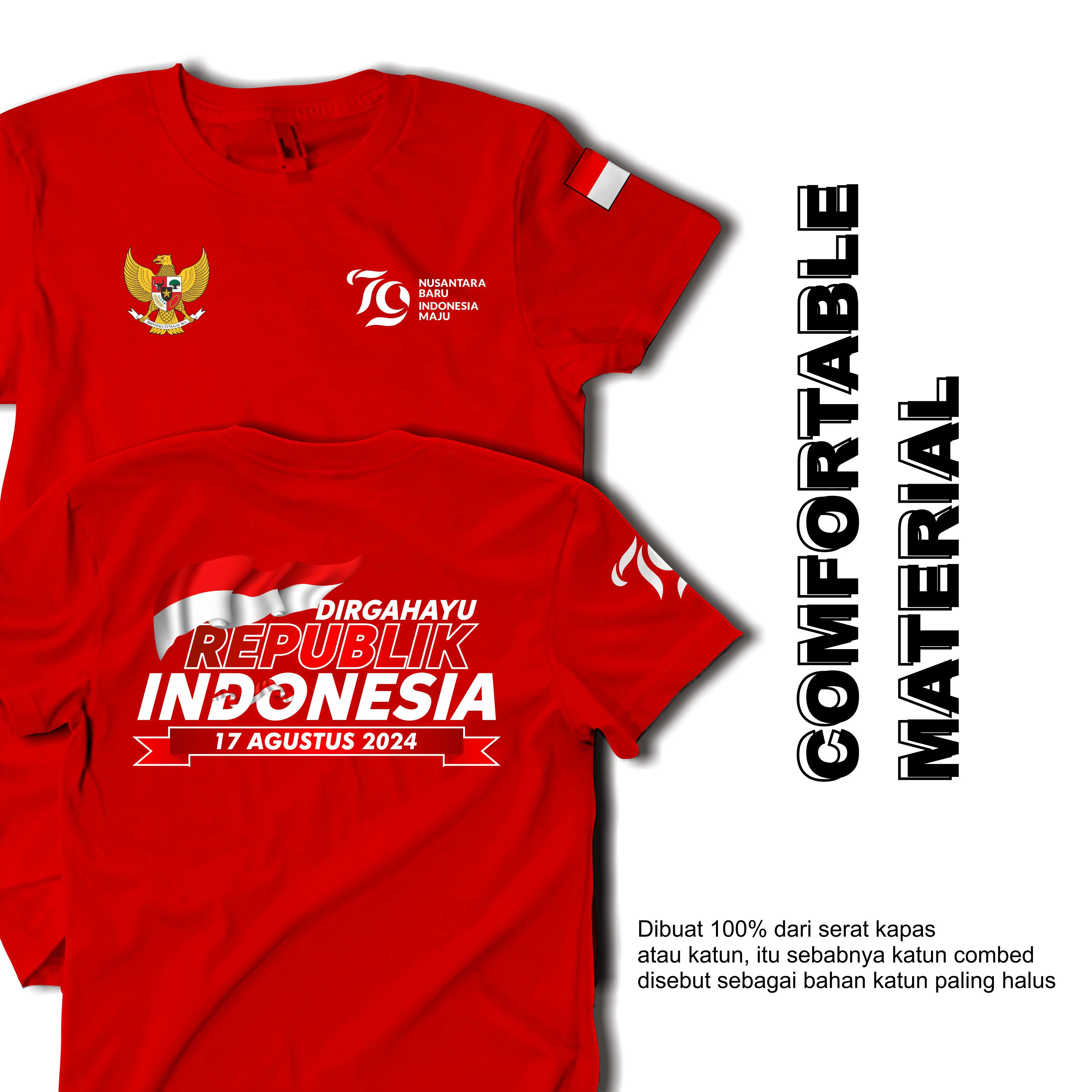 Kaos Viral Kemerdekaan Indonesia & Garuda Indonesia HUT RI 79, Model 17 Agustus 2024, Distro Pria & Wanita. Bahan: 100% Katun Combed 30s. Warna: Merah-Hitam-Putih. Oblong. Baju Tshirt Keren Cowok Dewasa Santai Pendek Atasan Kata Anime