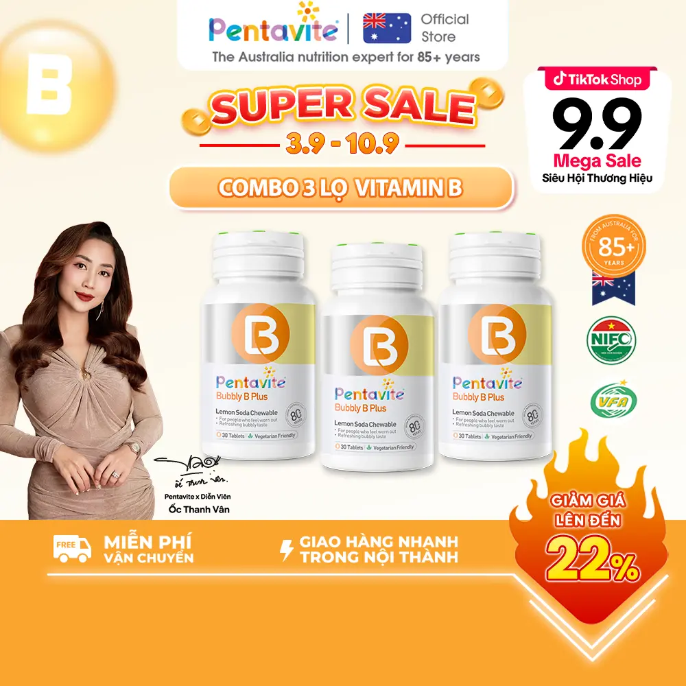 [LIVE PENTAVITE] Vitamin B Complex Viên Nhai | 9 dưỡng chất trong mỗi viên: 8 loại Vitamin B + Taurine | Hỗ trợ chuyển hóa năng lượng | Hỗ trợ hạn chế rụng tóc | Giảm mệt mỏi| Chứng nhận VFA, NIFC| Hộp 30 viên