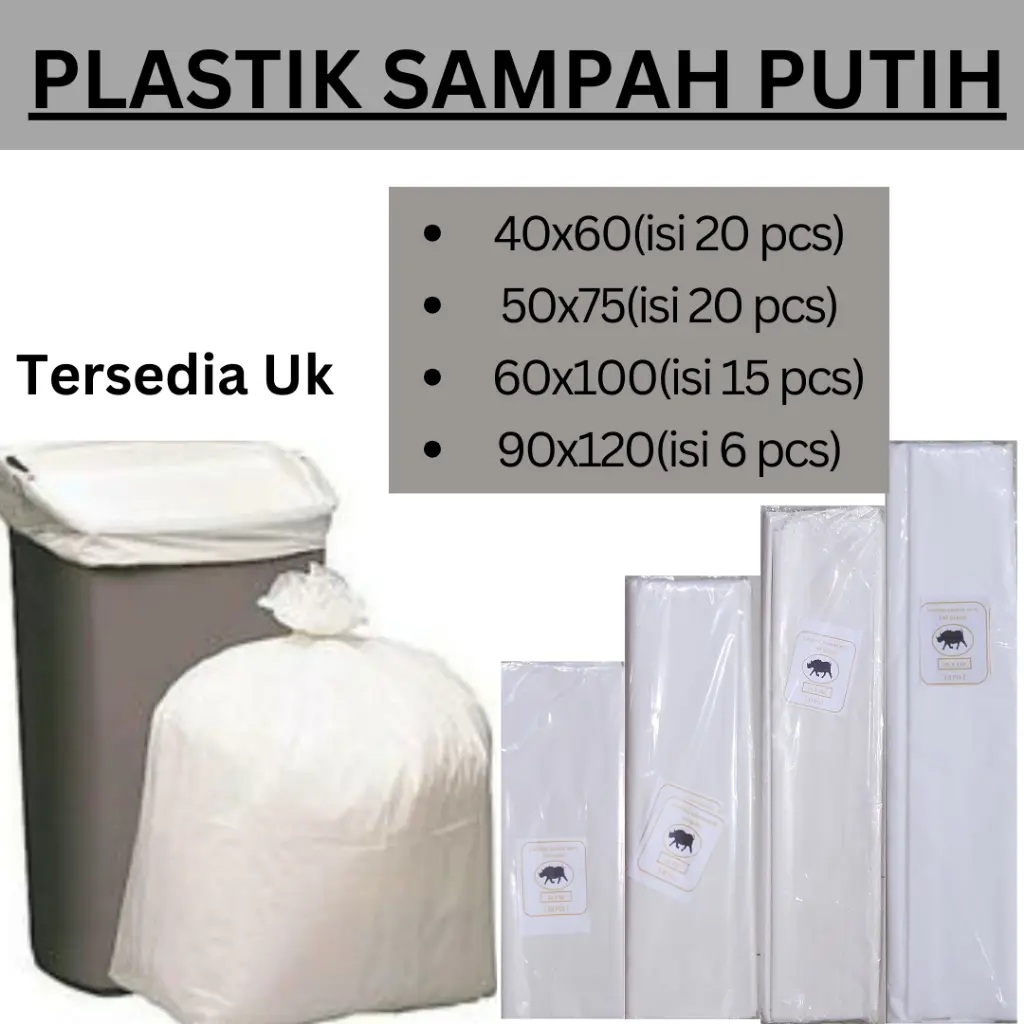 kantong Plastik Sampah Putih uk 90x120 (8pcs) / 60x100 (15pcs) / 50x75 (20pcs) / 40x60 (20 pcs)  trashbag/trash bag putihputih  kantong sampah putih  kantong Sampah Putih
