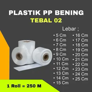 Plastik PP Roll Putih bening Tebal 02. Lebar 5 - 25 Cm. Panjang 250 M.