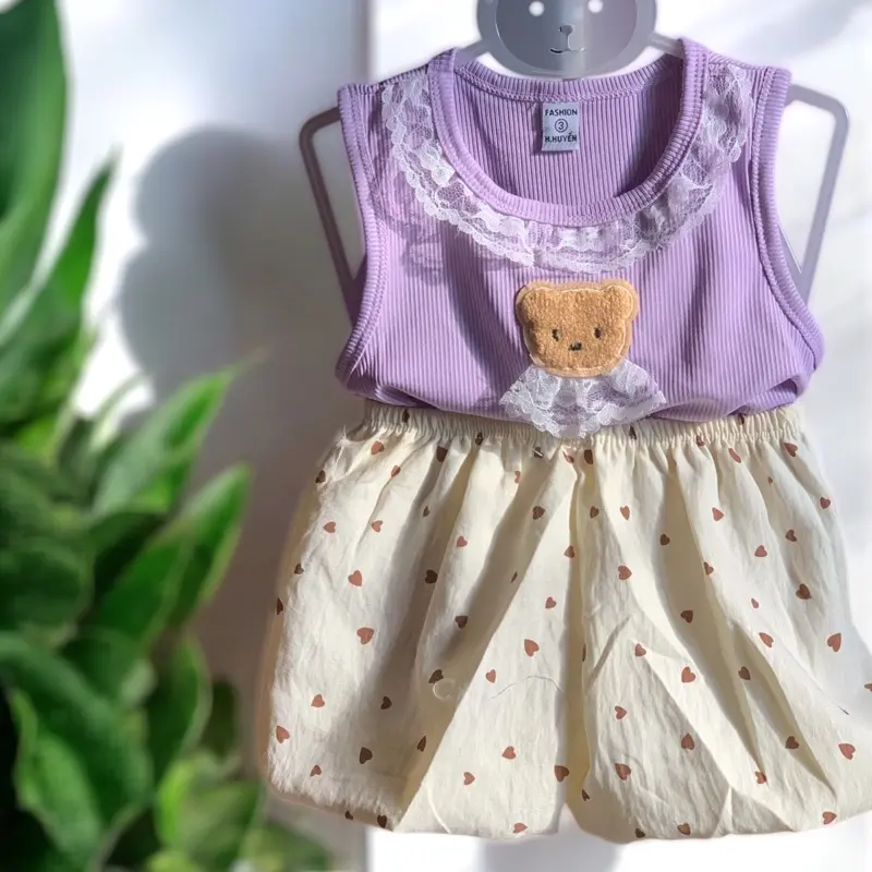 Đồ Bộ Gấu Ren + Quần Bí Phồng Cho Bé Size 6-15 kí - Thiết Kế Cộc Tay Gấu Phối Nơ