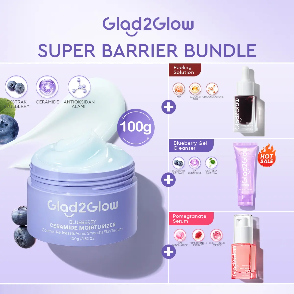 [JUMBO 100G 2pcs] Glad2Glow Super Barrier Bundle-Big Size 100g Blueberry Ceramide Moisturizer+Peeling Solution/Gel Cleanser/Brightening Serum-menjaga skin barrier kulit mengangkat sel kulit mati dan minyak dalam kulit Glowing Skincare G2G