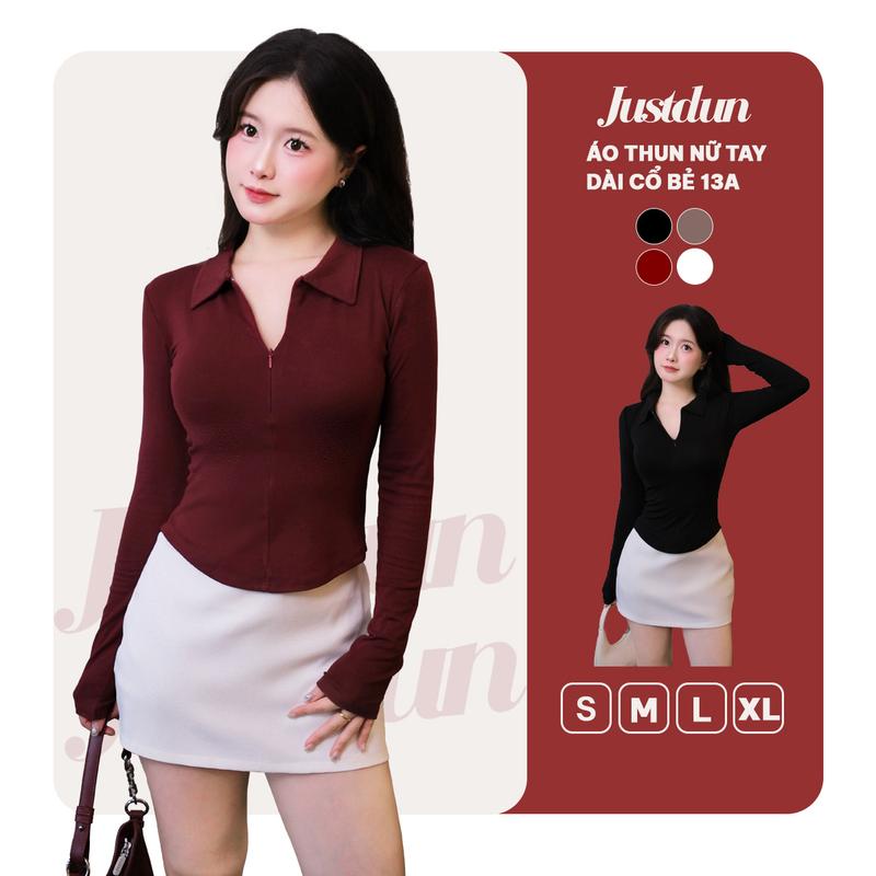 Mở Bán Áo Thun Nữ JUSTDUN 13A - Tay Dài Ôm Body Cổ Bẻ Phối Khóa Kéo Dáng Vạt Bầu Cotton Mịn