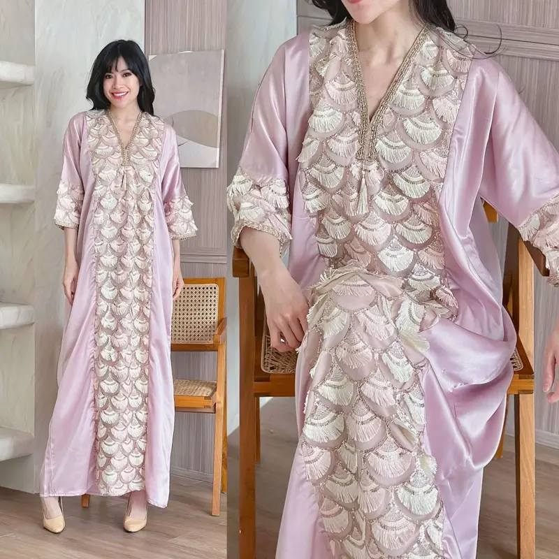 Iris Abaya Satin Soft Pink | Kaftan Abaya Dress Satin Wanita Lebaran Terbaru