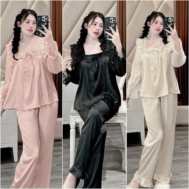 Bộ Đồ Ngủ JUSOKA Pijama Nữ Phối Voan Lụa Gấm Xước Ánh Kim Tiểu Thư - Mặc Ở Nhà, Đi Ngủ - Cao Cấp, Thoải Mái, Sang Trọng