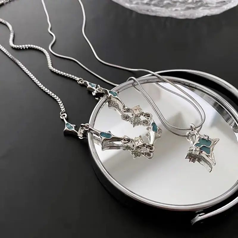 Kalung 2 Layer Permata Biru Necklace Double Layer MultiLayer Panjang 8