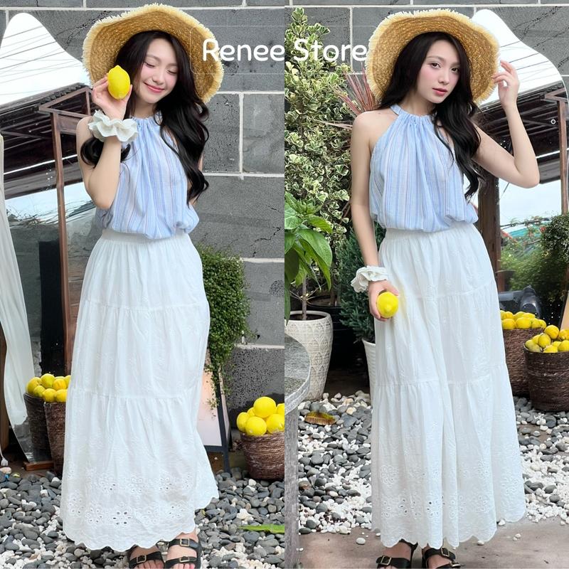 (Ảnh thật) Chân váy midi thêu hoa 2 lớp FLORA lưng chun chất thô boil, váy dài dáng xòe ren hoa ulzzang Renee Store - V385