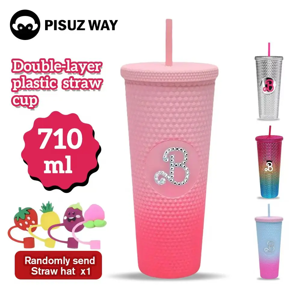 [Pisuz Way]  710ml Barbi Studded Tumbler, Bling Bling Pink  Cup, Electroplated durian Water Bottle With Straw