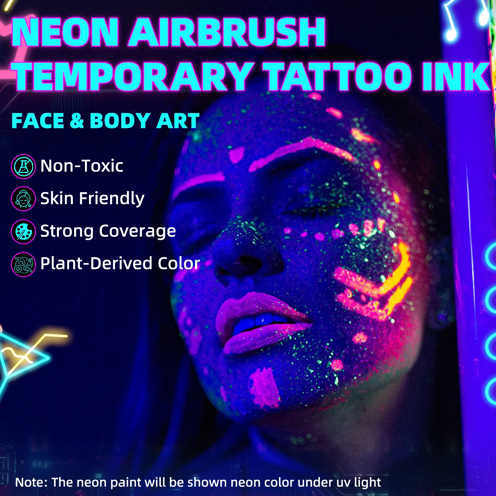 OPHIR 4 Color Airbrush Temporary Tattoo Ink FLUORESCENT ORANGE YELLOW  BLUE GREEN 30ml