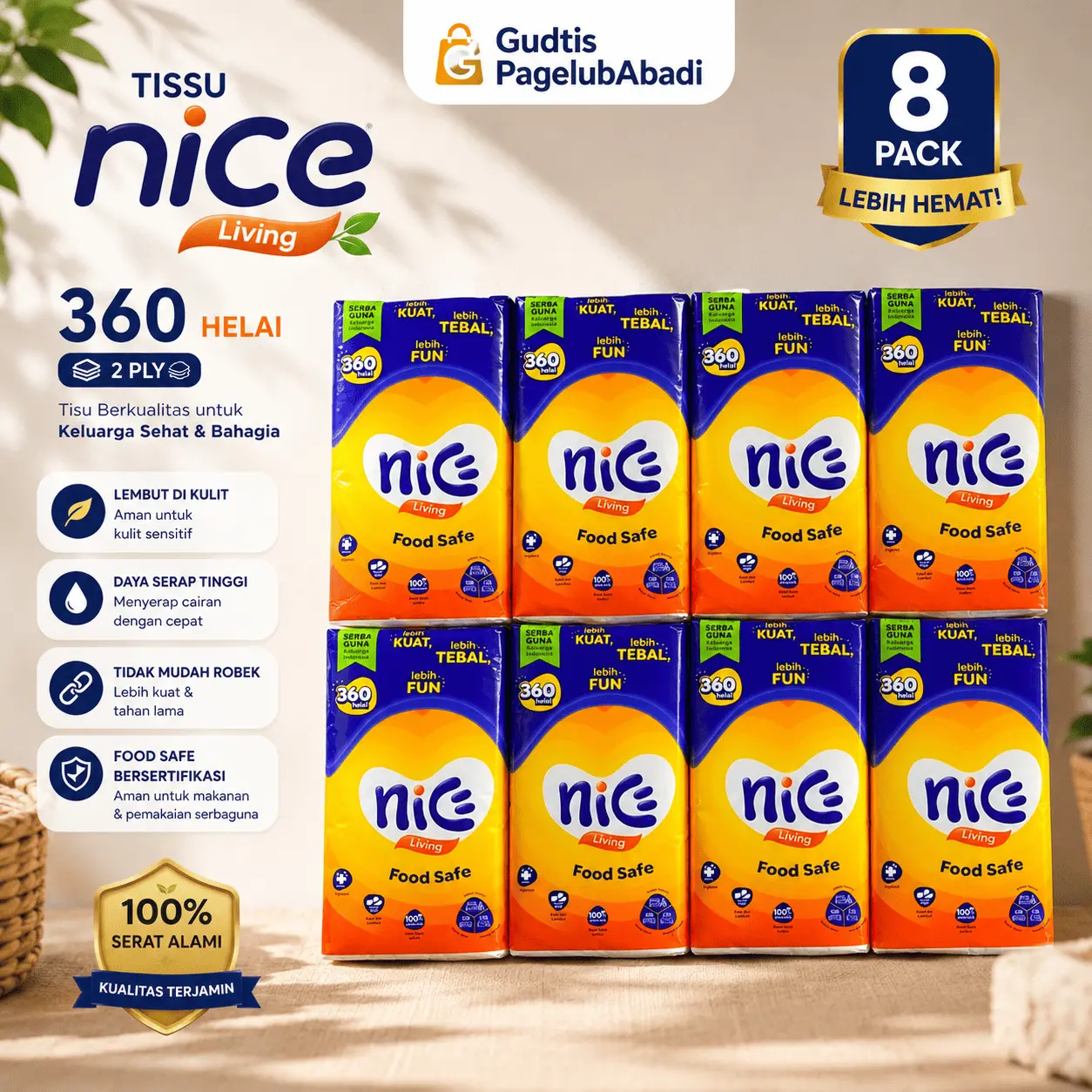 TISU WAJAH ISI BANYAK NICE 360 HELAI 2 PLY LEMBUT DAN HALUS[PAKET 8 PCS]
