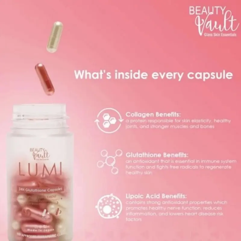 Buy 1 Take 1Beauty Vault LUMI 24H Glutathione Capsules 60pcs - 30 Day Supply for Radiant Skin with Marine Collagen & Vitamin C for Anti-Aging & Whitening - Dietary, Fitness - TikTok Shop Philippines Buy 1 Take 1Beauty Vault LUMI 24H Glutathione Capsules 60pcs - 30 Day Supply for Radiant Skin with Marine Collagen & Vitamin C for Anti-Aging & Whitening - Dietary, Fitness - TikTok Shop Philippines