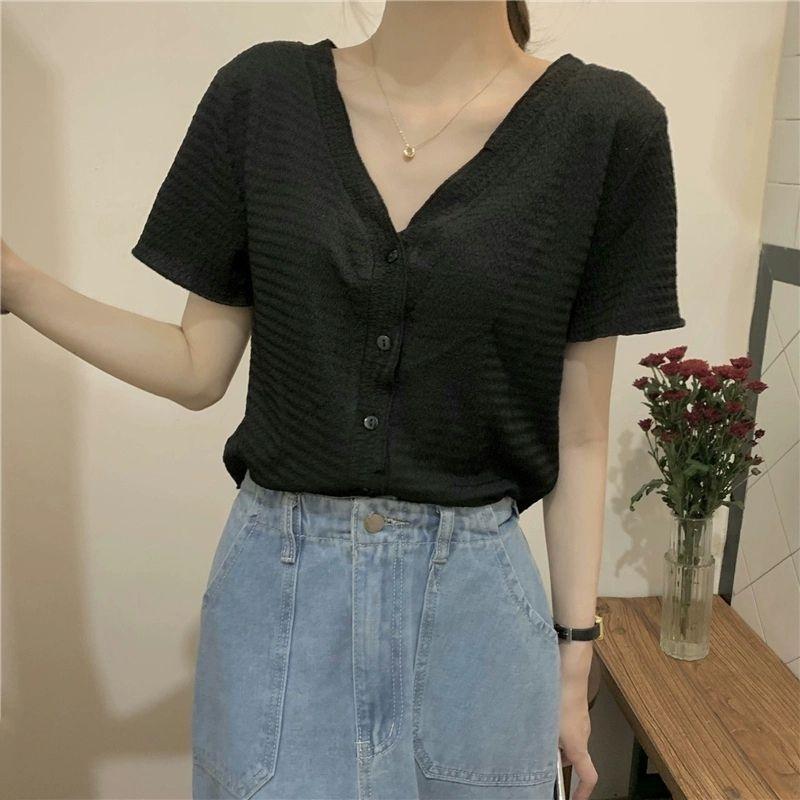 Product Introduction of Áo Thun Ngắn Tay Cho Nữ, Thiết Kế Xếp Li, Cổ Chữ V, Có Cúc, Mỏng 14