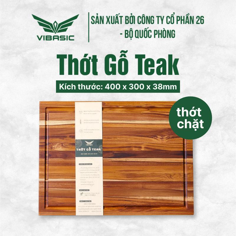  Thớt gỗ Teak Vibasic ghép ngang solid  có 1 khay đựng đồ kích thước 400x300x38mm dùng để chặt 