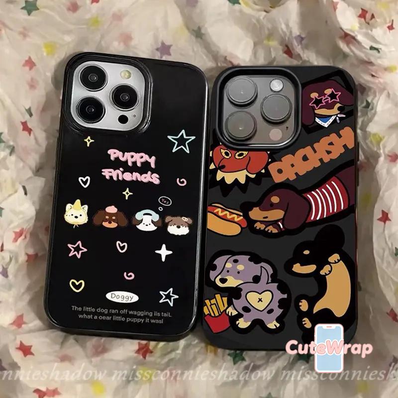 Ốp Chống Sốc, Thiết Kế Hình Chó chó Con Chiên Rán Ngôi Sao Và Trái Tim Hoạt Hình Vui Nhộn Tương Thích Cho iPhone 17 11 16 13 15 12 14 ProMax 16 7 8 Plus XR X XS Max, Ốp Bề Mặt Bóng Sang Trọng