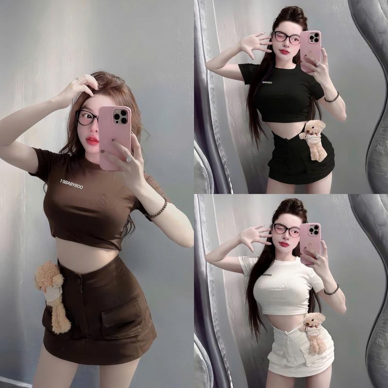 S905 TÁO ĐỎ BIGSIZE 55-90KG SET 3 MÓN BIGSIZE ÁO THUN CROPTOP + CHÂN VÁY TÚI HỐP + ĐÍNH KÈM GẤU BÔNG