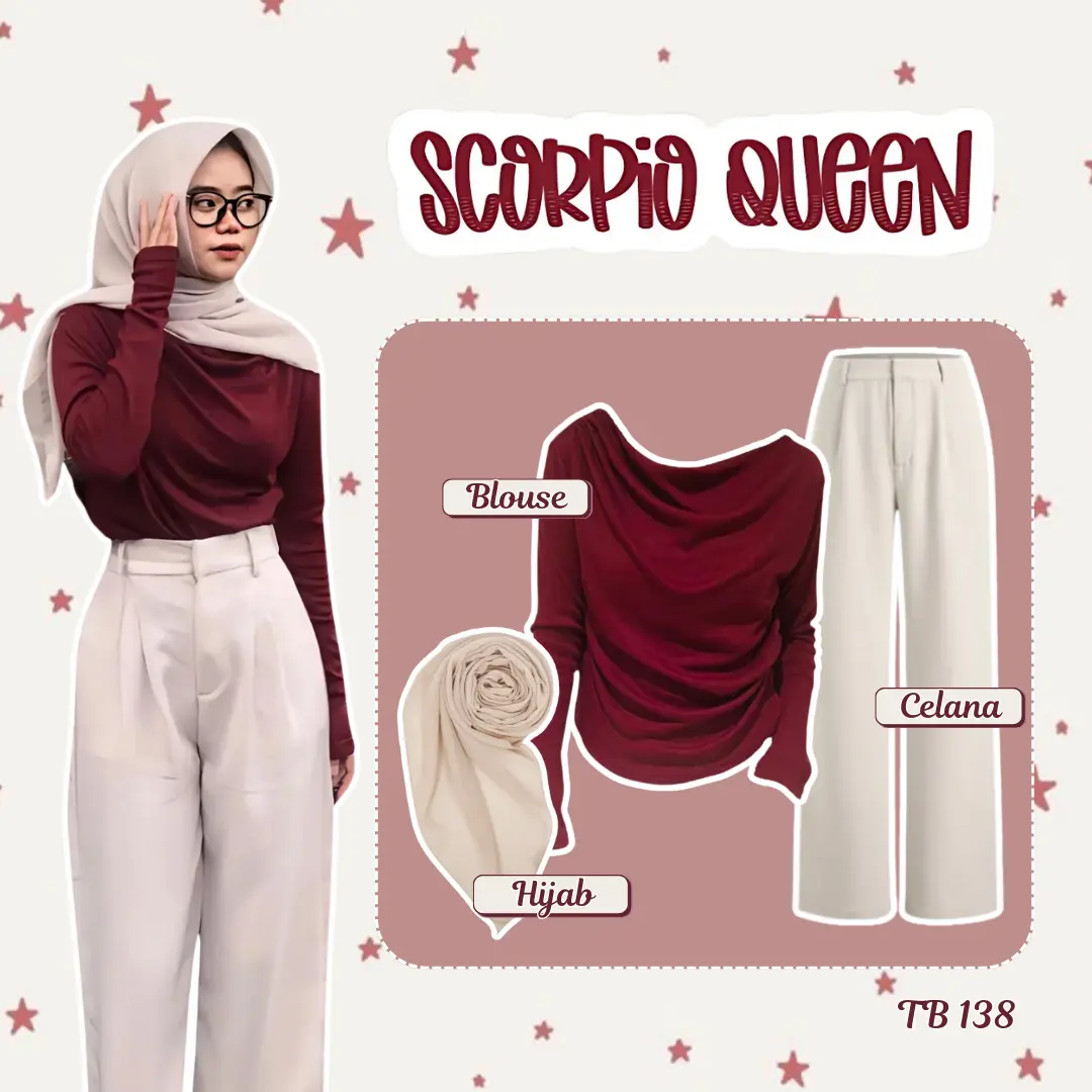 Set Baju Wanita Elegant Look 3 IN 1 (Blouse Maroon + Celana Ivory + Hijab Bella Square) OOTD Hijab Wanita Cocok buat Holiday TB 138