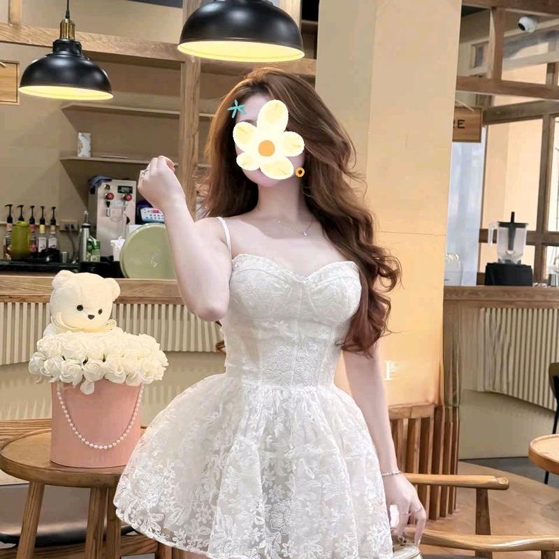   Free size eo dưới 74cm  Đầm váy nữ 2 dây ren hoa có lót quần đi chơi đi tiệc siêu sang women dress 