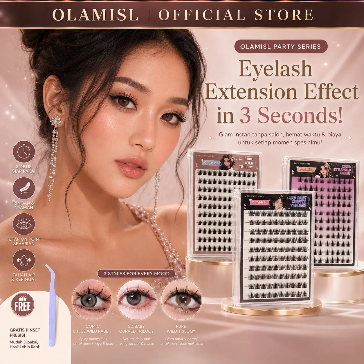 OLAMISL Bulu Mata 5D Baby Tanpa Lem Soft Wispy Natural, Tampilan Alami Cocok Kerja Kuliah Sehari-hari Anti Air Free Pinset