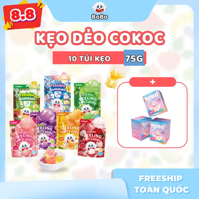COKOC BOBO - 750g 10 Túi Kẹo Dẻo Bóc Vỏ 7 Vị Trái Cây & Mô Hình IP 3D An Toàn Cho Bé - Quà Tặng Thiếu Nhi Vui Nhộn,Thức Ăn, Candy Food - Freeship Toàn Quốc