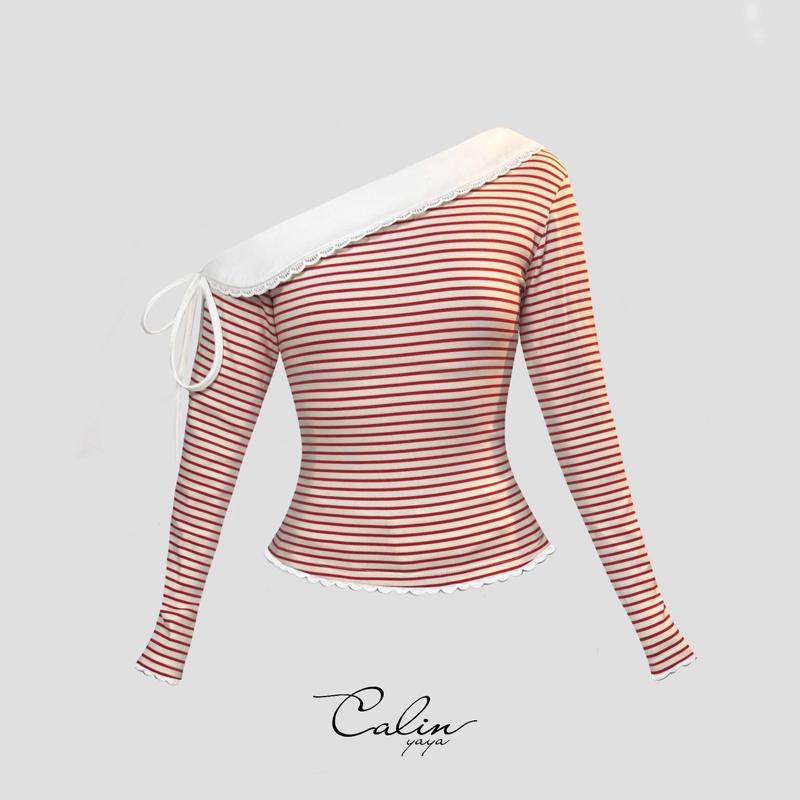 Viera Top - Áo Thun Dài Tay Kẻ Sọc Trễ Vai Đính Ren Chất Liệu Borip Cotton Cao Cấp Tôn Dáng Cho Nữ