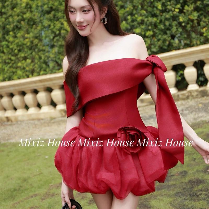   TẶNG CHARM HOA làm thủ công  Đầm trễ vai váy trễ vai thắt nơ vai dáng bí kèm hoa rời váy xinh đầm big size dự tiệc sang chảnh Women Nữ Dress Mixiz House - Đầm bí 