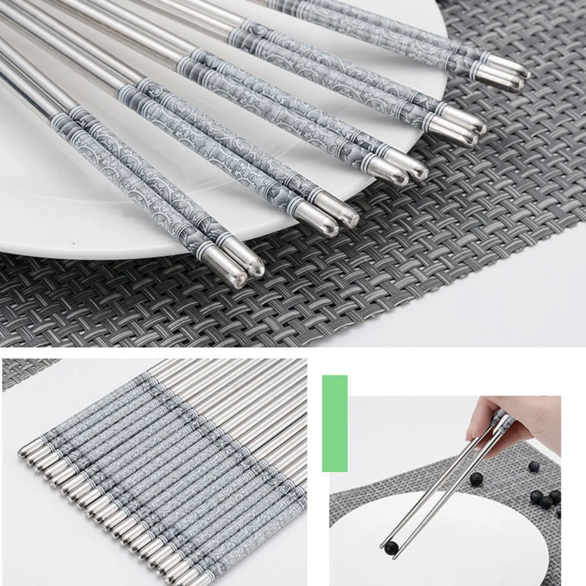 2 Pairs Reusable Chopsticks Set Stainless Steel Non-Slip Food Chinese  Metal Chop Sticks Dishwasher Safe Kitchen Tableware