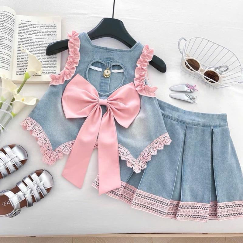 TENGTENG KIDS - 23 - SET VÁY BÒ ÁO SÁT NÁCH PHỐI NƠ HỒNG KÈM CHÂN VÁY XẾP LY CAO CẤP