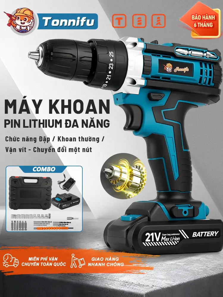 Máy khoan pin TONNIFU-531 cầm tay tiện lợi tặng kèm 24 phụ kiện, Máy khoan cầm tay tích hợp búa kèm khoan và vặn vít