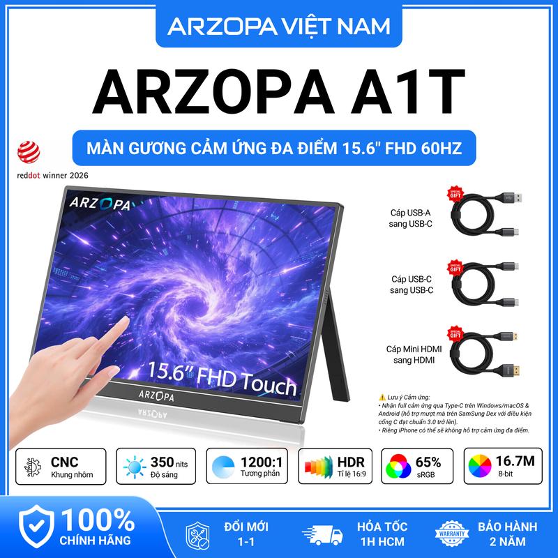 Màn hình di động cảm ứng ARZOPA A1T 15,6 Inch 60Hz FHD 1080P IPS 350nits | USB-C & HDMI | Cho Laptop, Mobile, PC, MAC