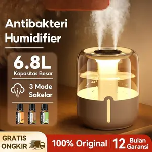 Humidifier 6.8L Ultrasonic - Air Purifier, Diffuser Aromaterapi, LED Night Light, Type-C, Dual Hole, 16dB Senyap, untuk