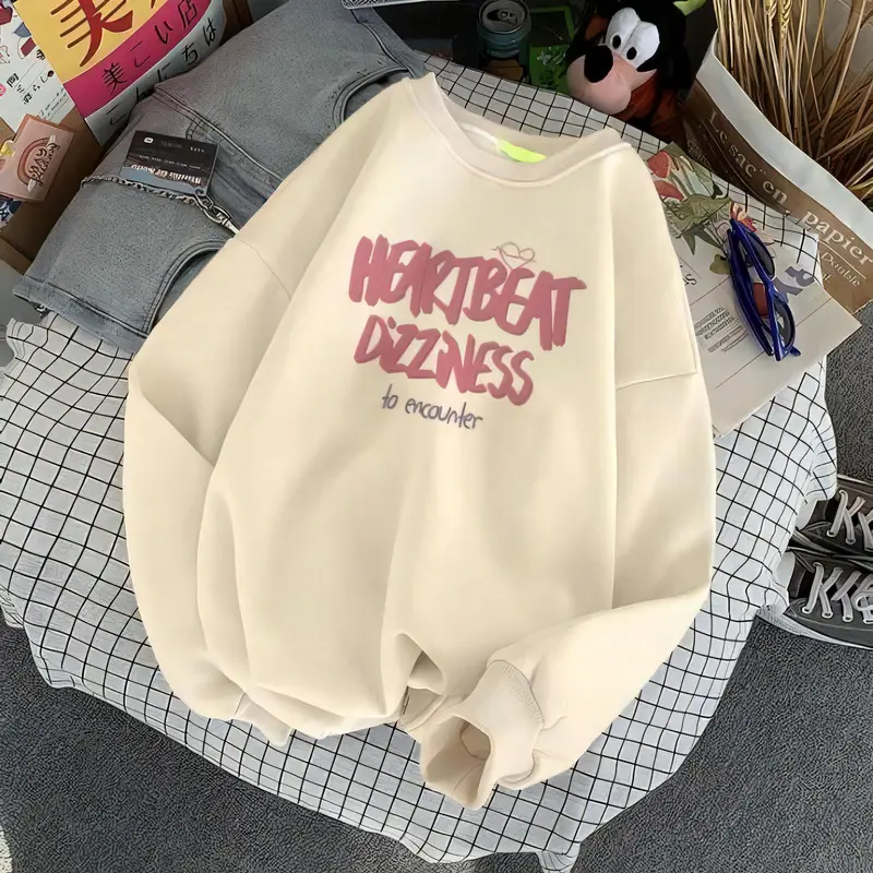 Sweater Crewneck Heart Beat Love Wanita Panjang Oversize BLUS Atasan Oblong Hoodie Sweatshirt baju atasan wanita Korean S Cewek Basic Korean S Fleece Kaos 0