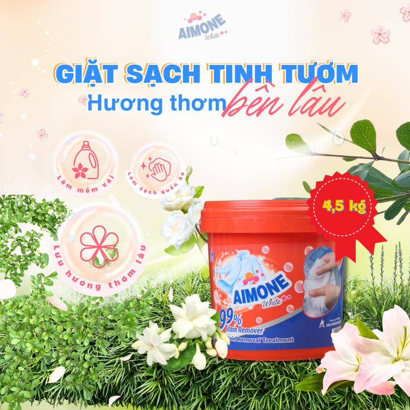 Bột Giặt Aimone 4,5 kg - hương nước hoa sản xuất theo công nghệ Hoa Kỳ.  Lưu hương lâu cực thơm, bảo vệ da tay, bảo vệ sợi vải.