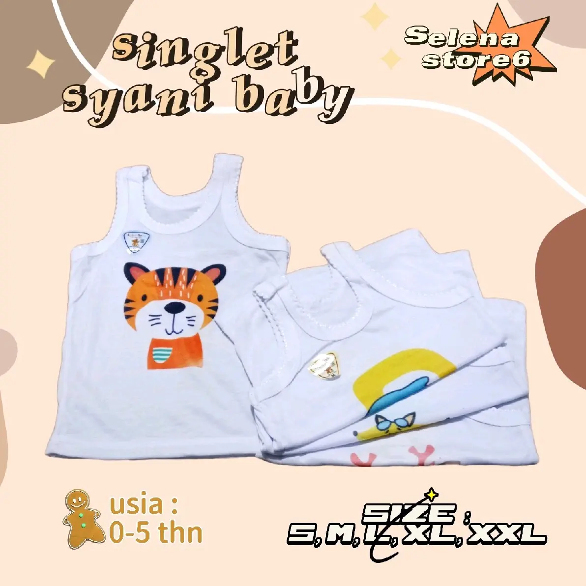 6pcs Kaos Dalam anak Laki-Laki motif sablon singlet baby N/B 0-6thn Katun adem lembut nyaman Bayi Cowok Perempuan Unisex
