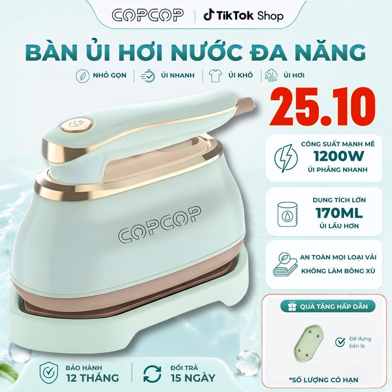 Bàn là hơi nước COPCOP tặng kèm cốc nước , đế đựng bảo hành 12 tháng với công suất 1200W là nhanh mọi loại vải thiết kế nhỏ gọn dễ dàng sử dụng phù hợp mang du lịch và sử dụng tại nhà