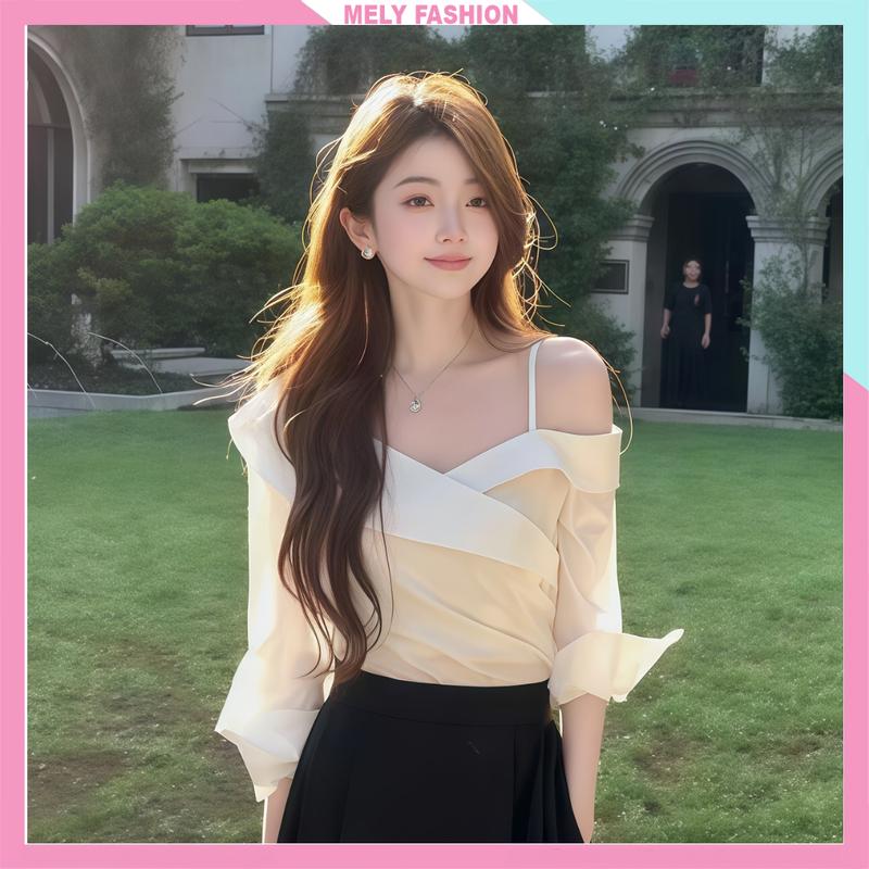 Áo sơ mi trễ vai nữ Mely Fashion dài tay nhún eo chất lụa thô mềm dáng suông che khuyết điểm Asm54