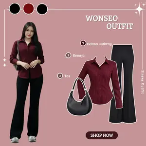 Outfit 3in1 Trending { Kemeja+Celana Cutbray+ Tas } One Korean Style | Fashion Wanita Kekinian_SR85