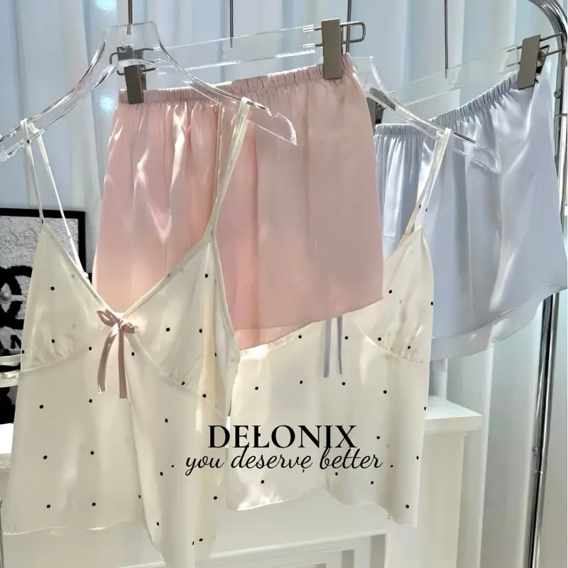 B23 Đồ bộ ngủ lụa chấm bi cách điệu 2 dây có mút tôn dáng dễ thương chuẩn hàng Quảng Châu cao cấp nữ DELONIX đồ bộ đồ ngủ 8