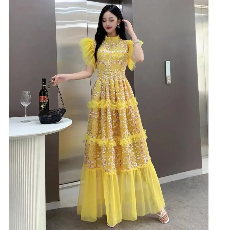 [Basica Moda] 13202 Gaun Dress Maxi Wanita Cameroon Embroidered Mesh 2