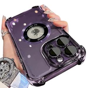 Luxury plating magnetic clear case for iPhone 15 14 13 12 11 pro Max Plus case MagSafe Transparent shockproof phone case wireless charging cover with camera lens protector Protection