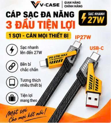 Cáp Sạc Nhanh V-CASE 27W 3 Đầu Đa Năng USB-C USB-A iPhone, Dây Dù Bền Chắc