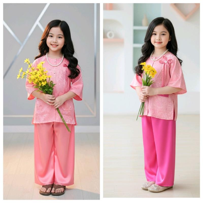    12-36kg  Bộ áo Bà ba vải gấm hoa có đính hoa lên áo kèm quần phi bóng mềm mát cho bé gái 