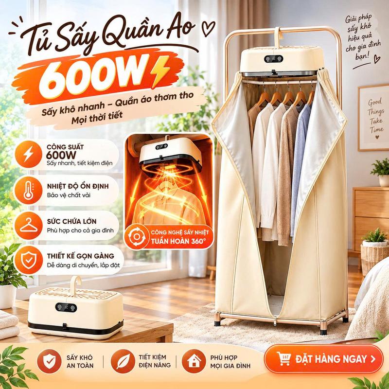 Tủ Sấy Quần Áo 600W Gia Đình, Công Nghệ Sấy Tuần Hoàn 360 Độ, Thiết Kế Gọn Gàng