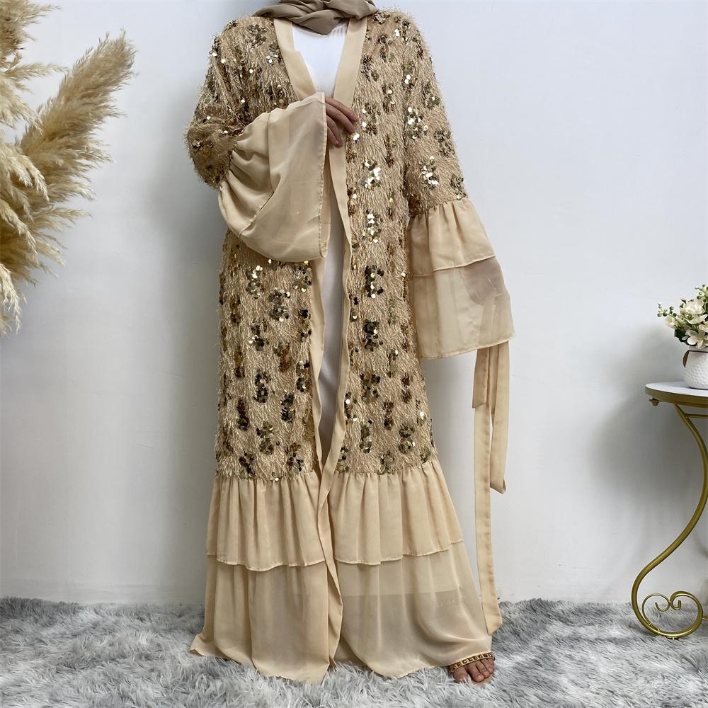 17370# Chiffon Luxury Tassel Sequins Open Abaya With 2 Layered Sleeve - CHAOMENG MUSLIM SHOP